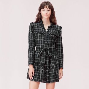 Rebecca Taylor La Vie Drapey Ruffle Black & White Plaid Belted Long Sleeve Dress